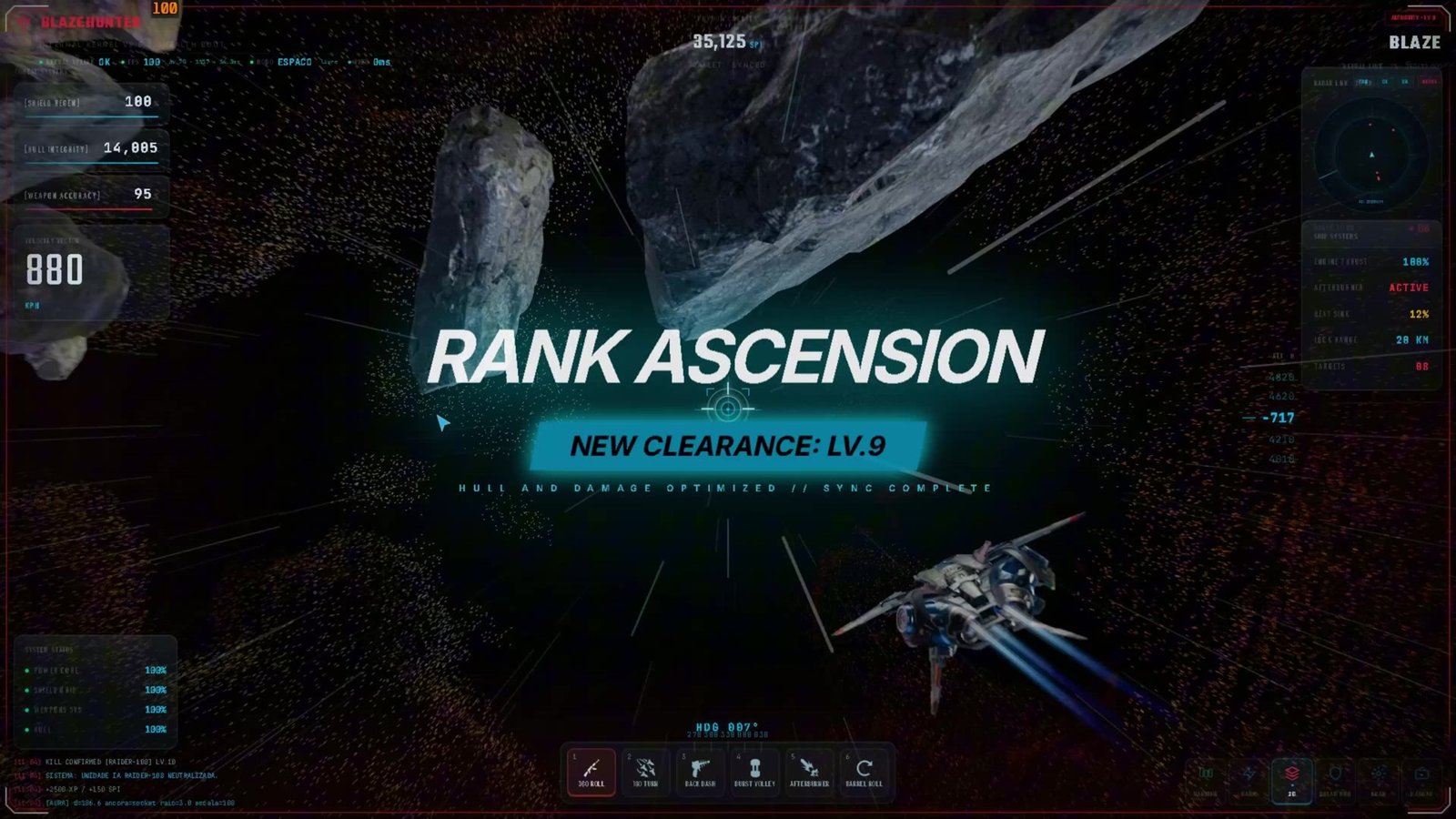 Combat scene from the BlazeHunter Alpha, with a ship and asteroids